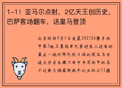 1-1！亚马尔点射，2亿天王创历史，巴萨客场翻车，送皇马登顶